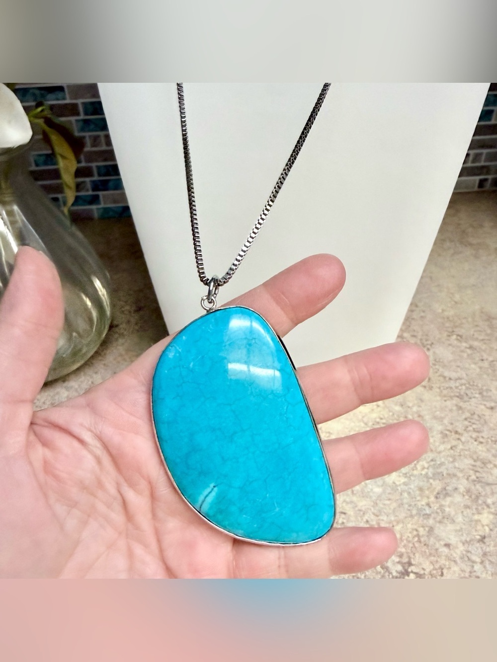 Vintage artisan chunky turquoise pendant necklace - Picture 2 of 5